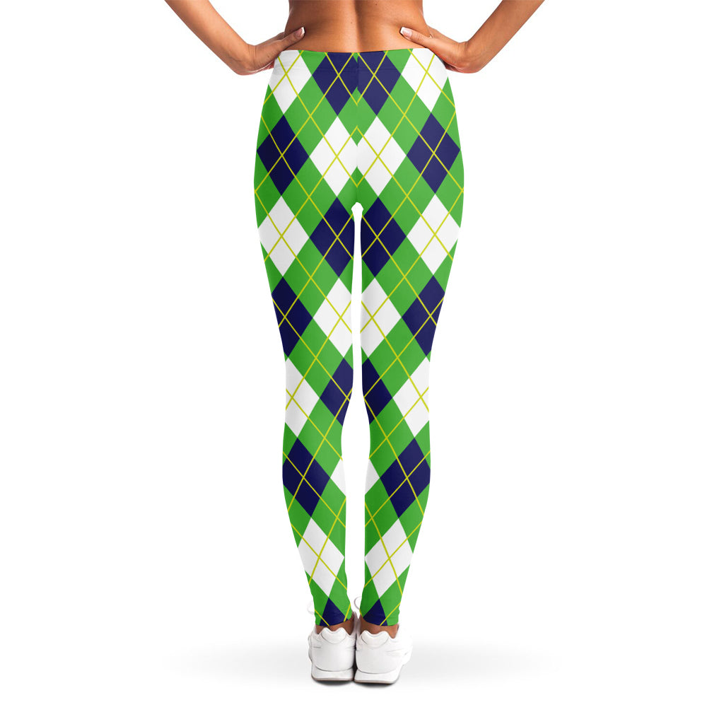Green Navy And White Argyle Print Women's Leggings
