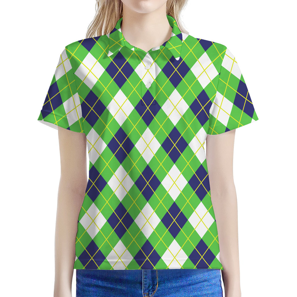 Green Navy And White Argyle Print Women's Polo Shirt