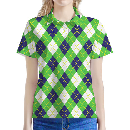 Green Navy And White Argyle Print Women's Polo Shirt