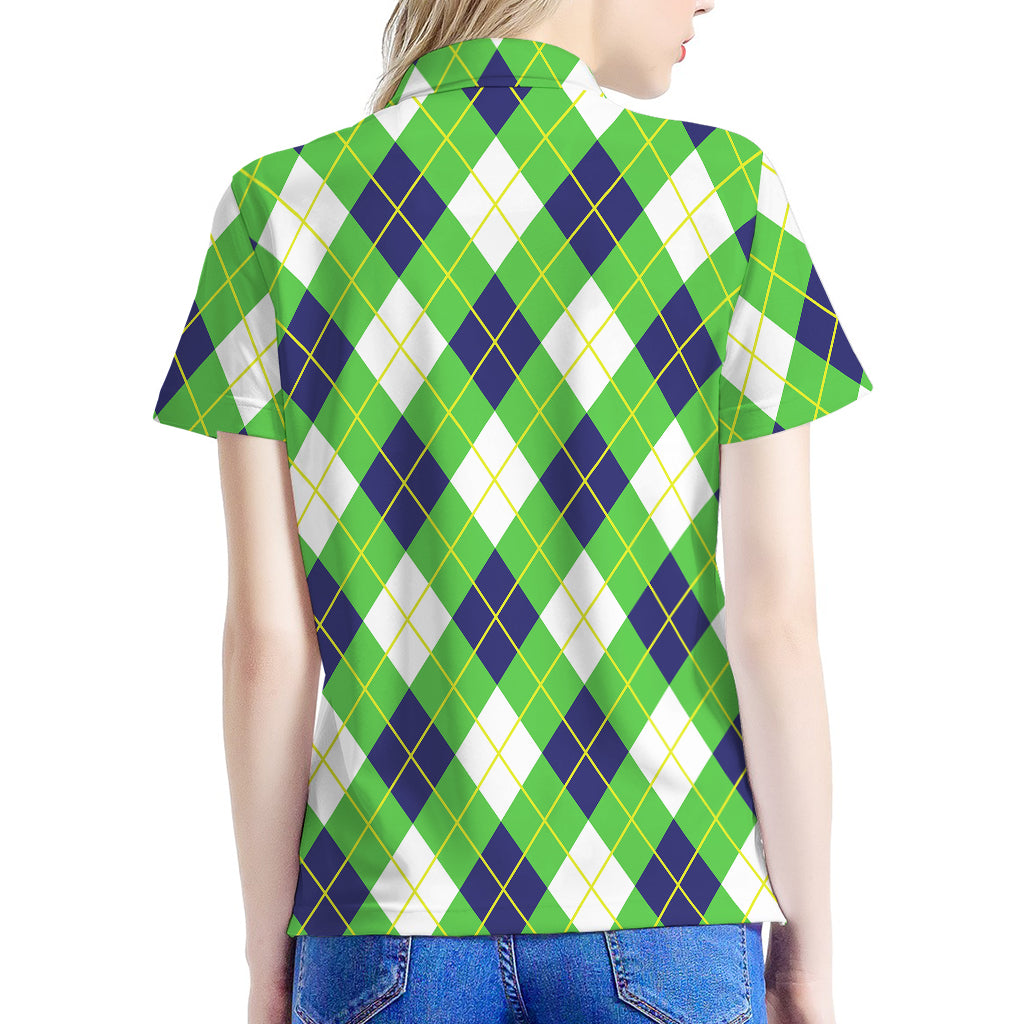 Green Navy And White Argyle Print Women's Polo Shirt