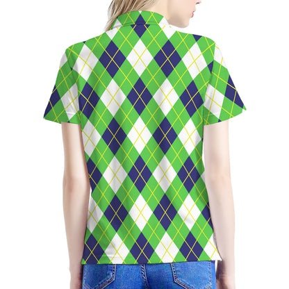 Green Navy And White Argyle Print Women's Polo Shirt