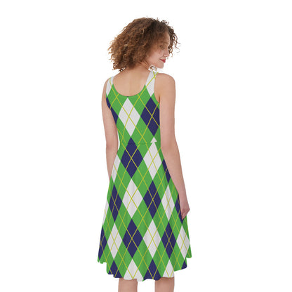 Green Navy And White Argyle Print Women's Sleeveless Dress