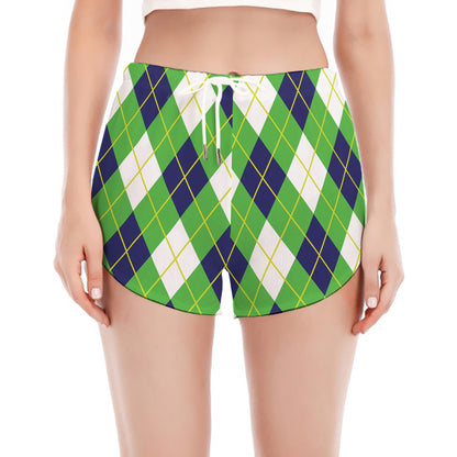 Green Navy And White Argyle Print Women's Split Running Shorts