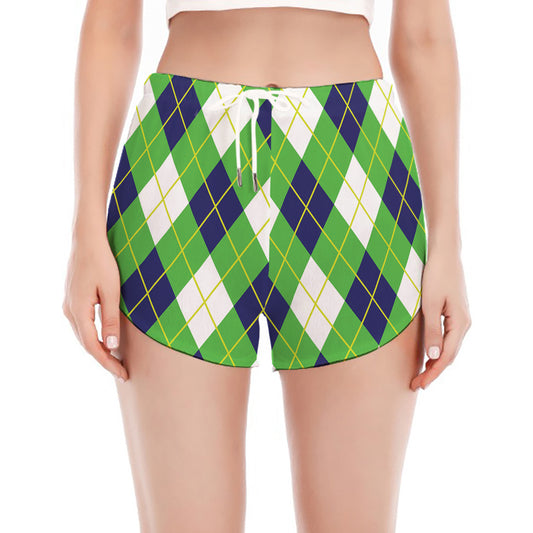 Green Navy And White Argyle Print Women's Split Running Shorts