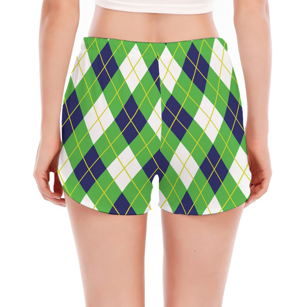 Green Navy And White Argyle Print Women's Split Running Shorts