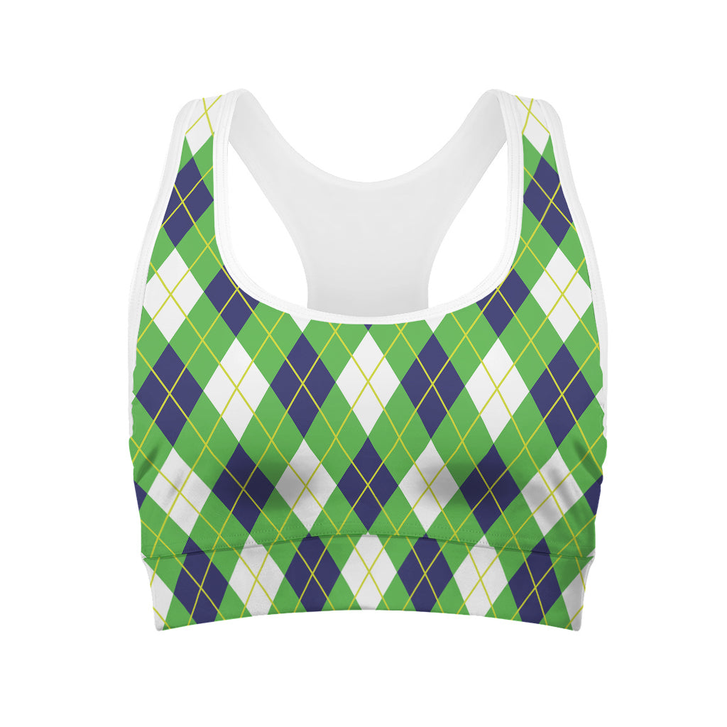 Green Navy And White Argyle Print Women's Sports Bra