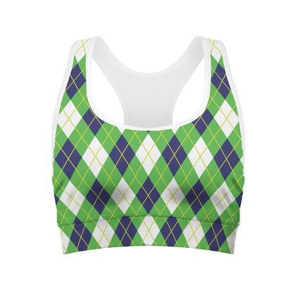 Green Navy And White Argyle Print Women's Sports Bra