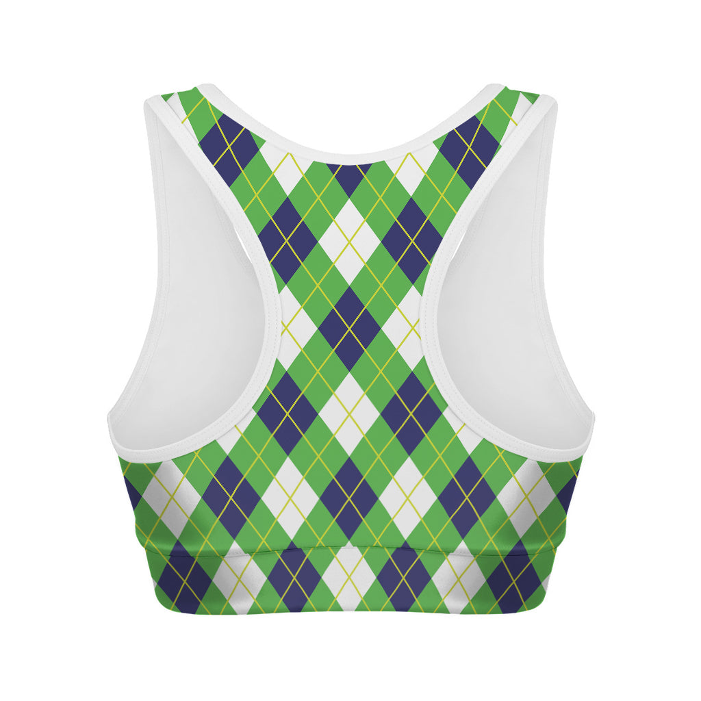 Green Navy And White Argyle Print Women's Sports Bra