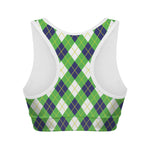 Green Navy And White Argyle Print Women's Sports Bra