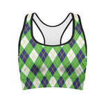 Green Navy And White Argyle Print Women's Sports Bra