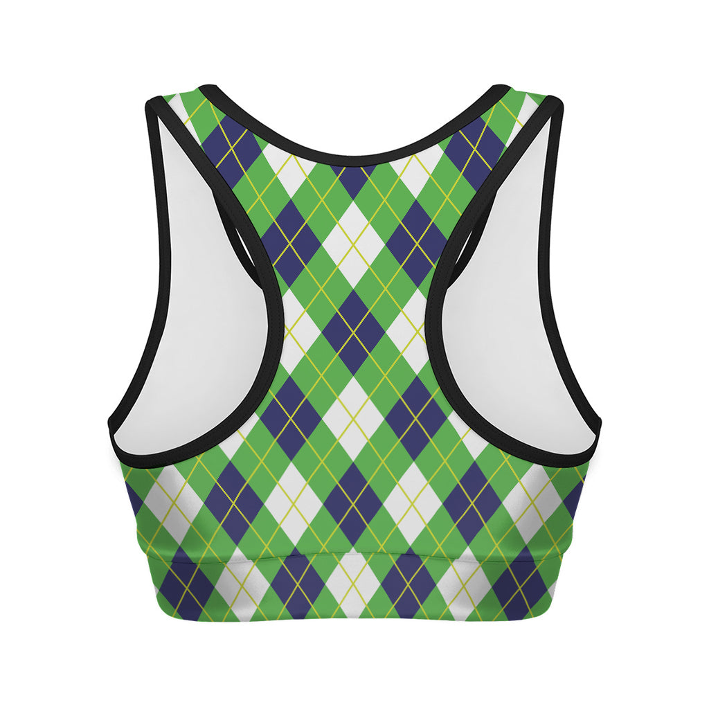 Green Navy And White Argyle Print Women's Sports Bra