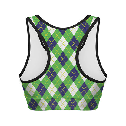 Green Navy And White Argyle Print Women's Sports Bra