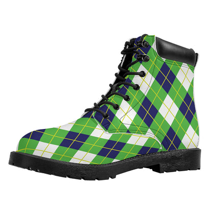 Green Navy And White Argyle Print Work Boots
