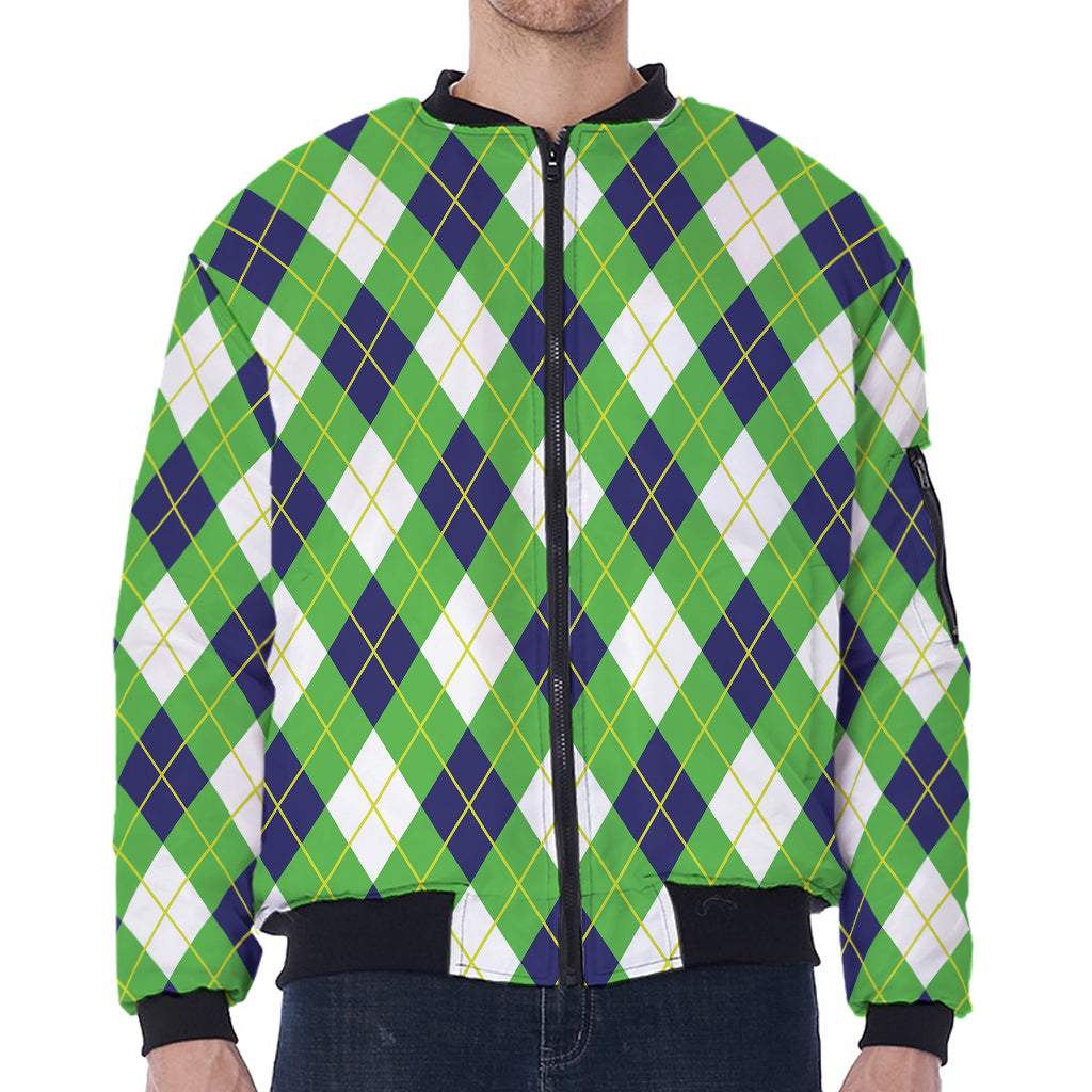 Green Navy And White Argyle Print Zip Sleeve Bomber Jacket