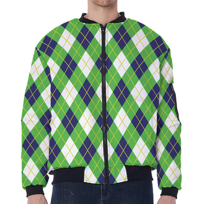 Green Navy And White Argyle Print Zip Sleeve Bomber Jacket