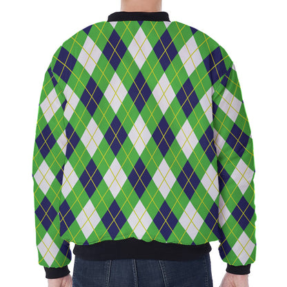 Green Navy And White Argyle Print Zip Sleeve Bomber Jacket