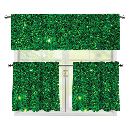 Green (NOT Real) Glitter Print 3 Piece Kitchen Curtains