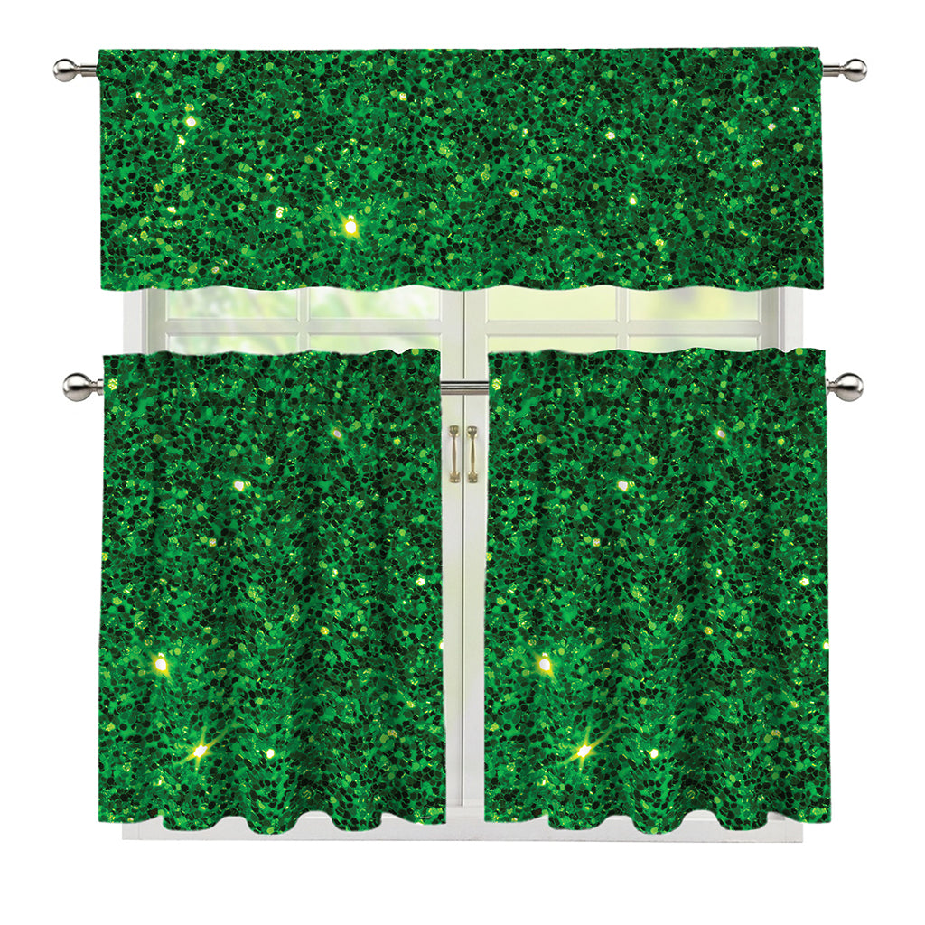 Green (NOT Real) Glitter Print 3 Piece Kitchen Curtains