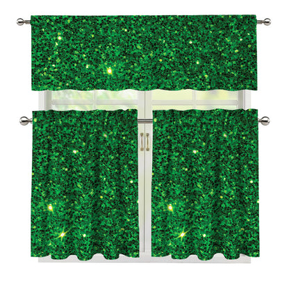 Green (NOT Real) Glitter Print 3 Piece Kitchen Curtains