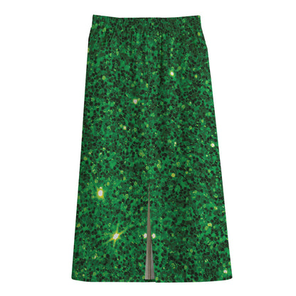 Green (NOT Real) Glitter Print Cotton Front Slit Maxi Skirt