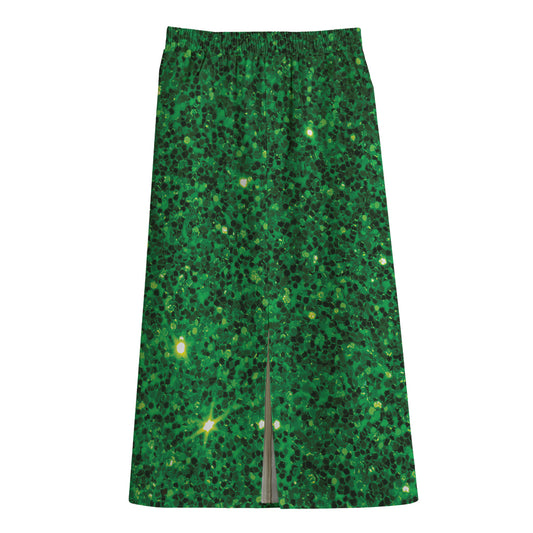 Green (NOT Real) Glitter Print Cotton Front Slit Maxi Skirt