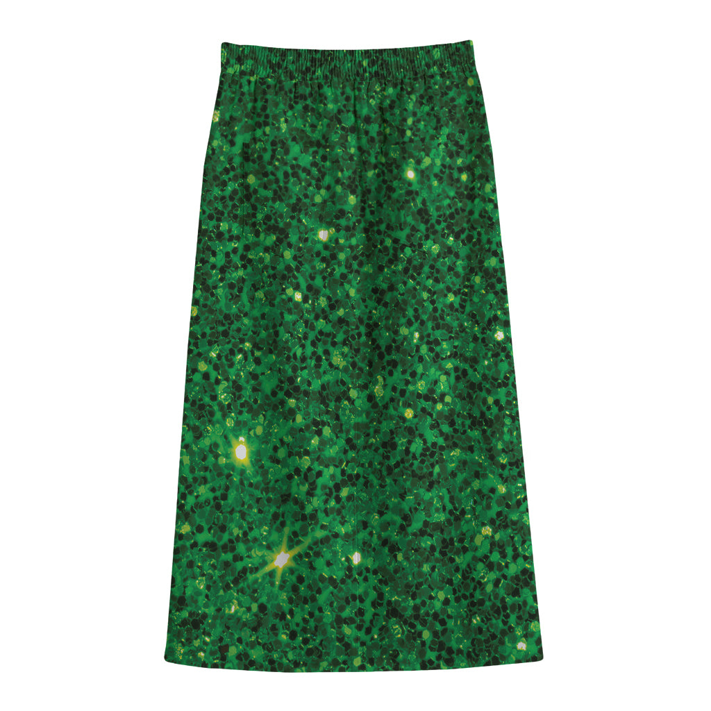Green (NOT Real) Glitter Print Cotton Front Slit Maxi Skirt