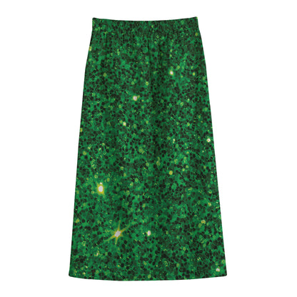 Green (NOT Real) Glitter Print Cotton Front Slit Maxi Skirt