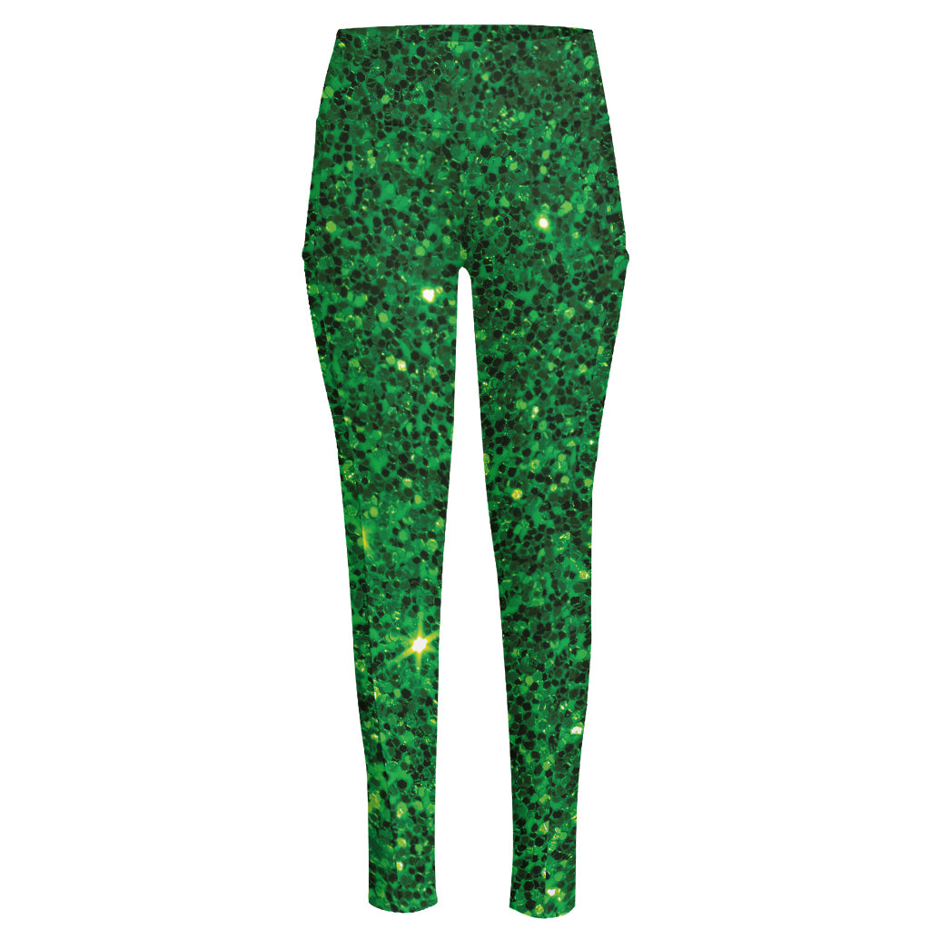 Green (NOT Real) Glitter Print High-Waisted Pocket Leggings