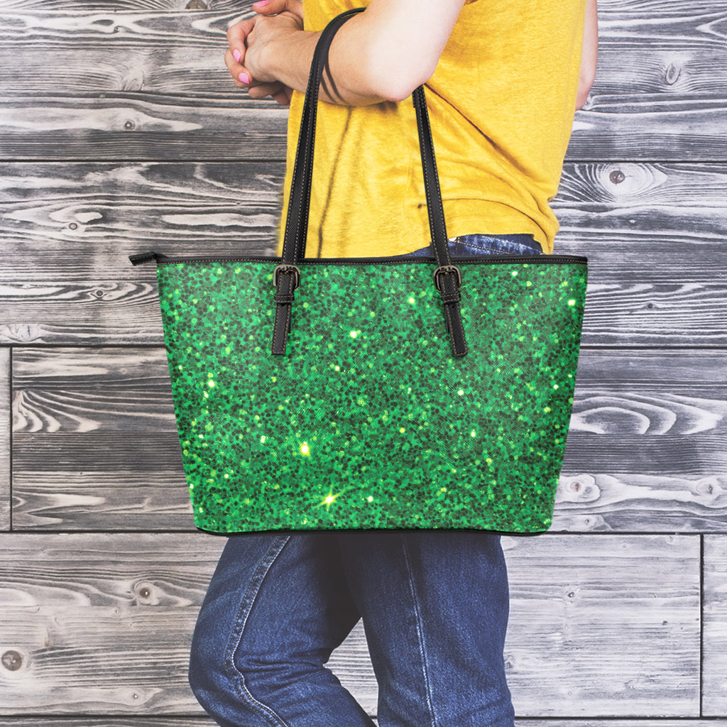 Green (NOT Real) Glitter Print Leather Tote Bag