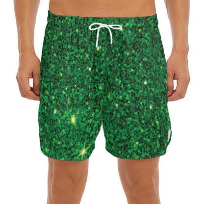 Green (NOT Real) Glitter Print Men's Split Running Shorts