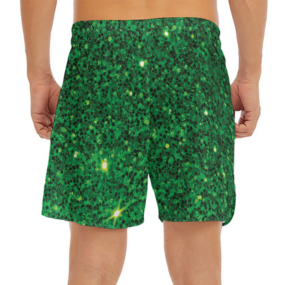 Green (NOT Real) Glitter Print Men's Split Running Shorts