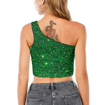 Green (NOT Real) Glitter Print One Shoulder Crop Top