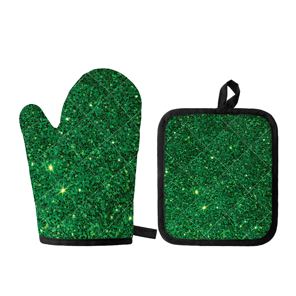 Green (NOT Real) Glitter Print Oven Mitt And Pot Holder Set