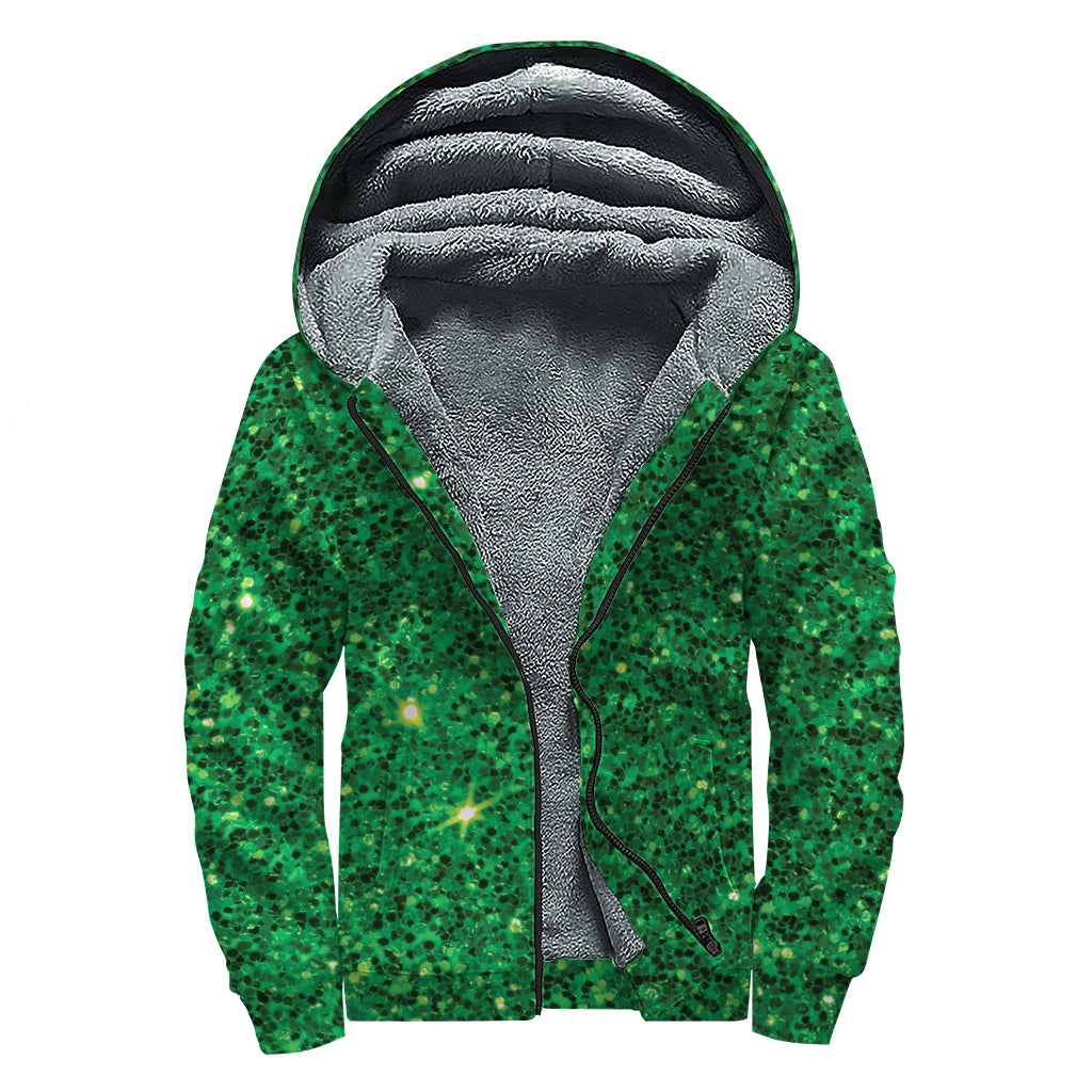 Green (NOT Real) Glitter Print Sherpa Lined Zip Up Hoodie
