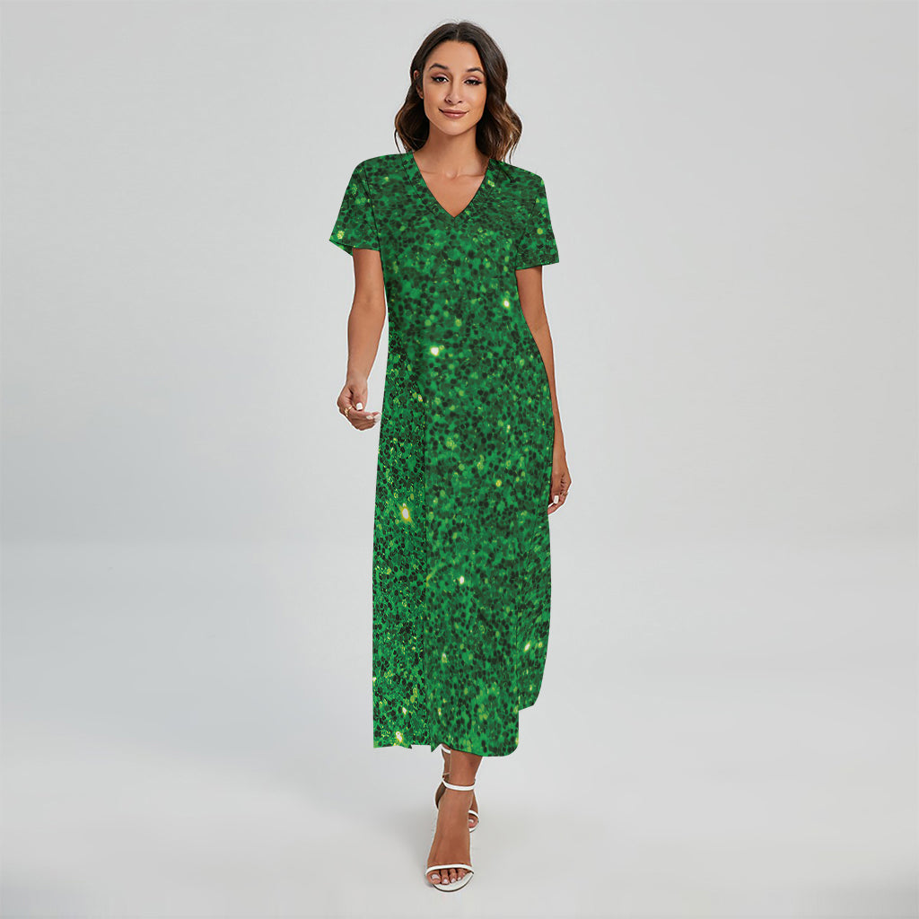Green (NOT Real) Glitter Print Short Sleeve Maxi Dress