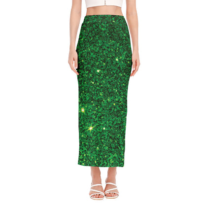 Green (NOT Real) Glitter Print Side Slit Maxi Skirt