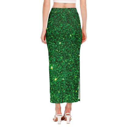 Green (NOT Real) Glitter Print Side Slit Maxi Skirt