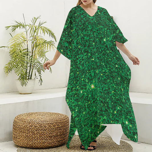 Green (NOT Real) Glitter Print Silk V-Neck Kaftan Dress