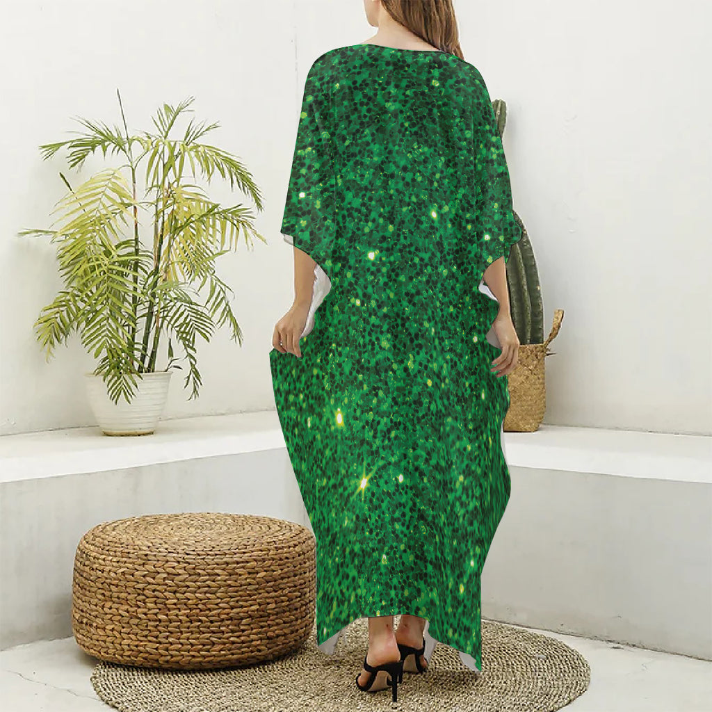 Green (NOT Real) Glitter Print Silk V-Neck Kaftan Dress