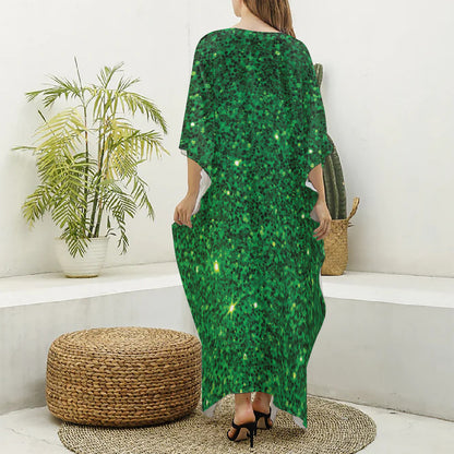 Green (NOT Real) Glitter Print Silk V-Neck Kaftan Dress