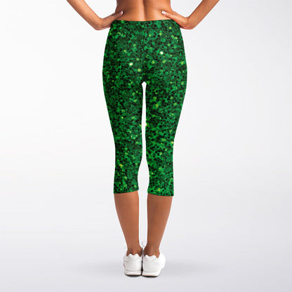 Green (NOT Real) Glitter Print Women's Capri Leggings