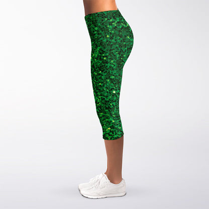 Green (NOT Real) Glitter Print Women's Capri Leggings