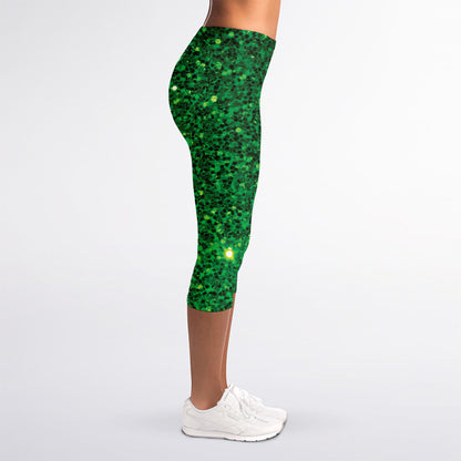 Green (NOT Real) Glitter Print Women's Capri Leggings