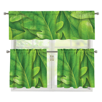 Green Oak Leaf Print 3 Piece Kitchen Curtains