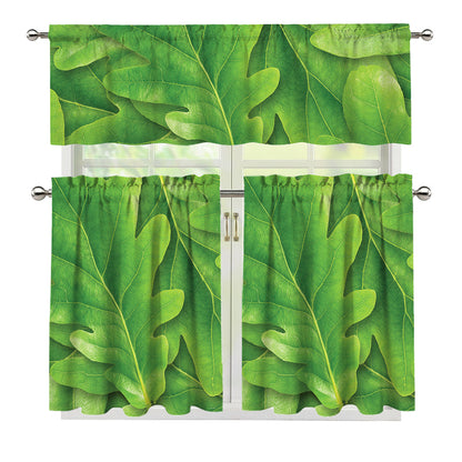 Green Oak Leaf Print 3 Piece Kitchen Curtains