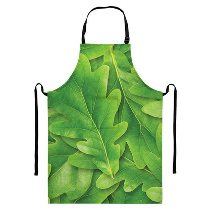 Green Oak Leaf Print Bib Apron With Pocket