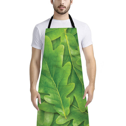 Green Oak Leaf Print Bib Apron With Pocket