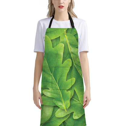 Green Oak Leaf Print Bib Apron With Pocket