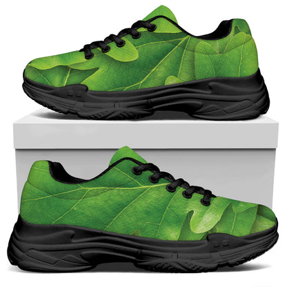 Green Oak Leaf Print Black Chunky Shoes