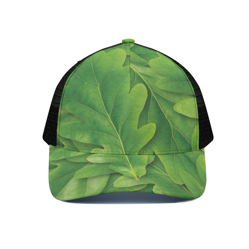 Green Oak Leaf Print Black Mesh Trucker Cap